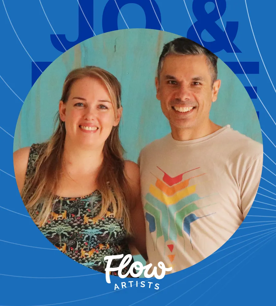 The Flow Artists Podcast title card. Jo and Rane are smiling a within a circle graphic against a blue background.